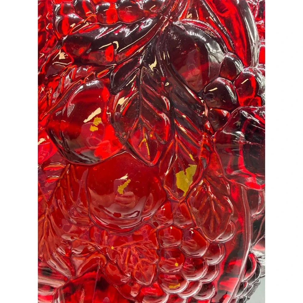 Vintage Ruby Red Amberina Glass Footed Bowl Scalloped Fruit Pattern Centerpiece